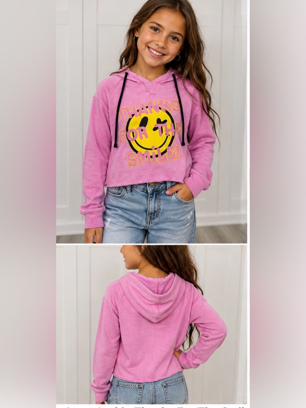 Love Junkie Girls L Pink Cropped Hoodie Smiley Face Graphic